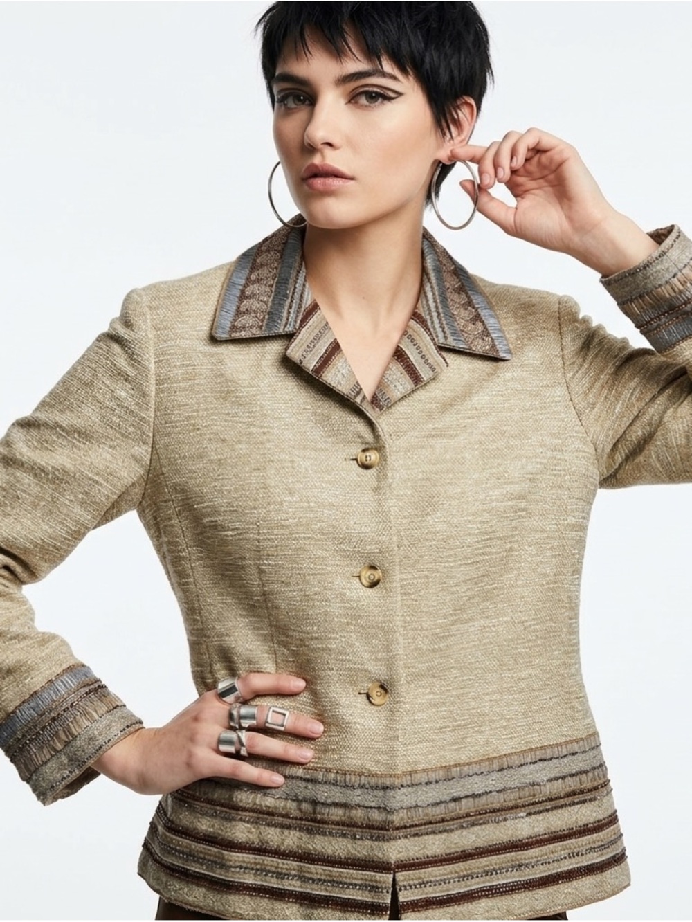 Coldwater Creek Tan Beige Textured Blazer Jacket w/ Wool trim